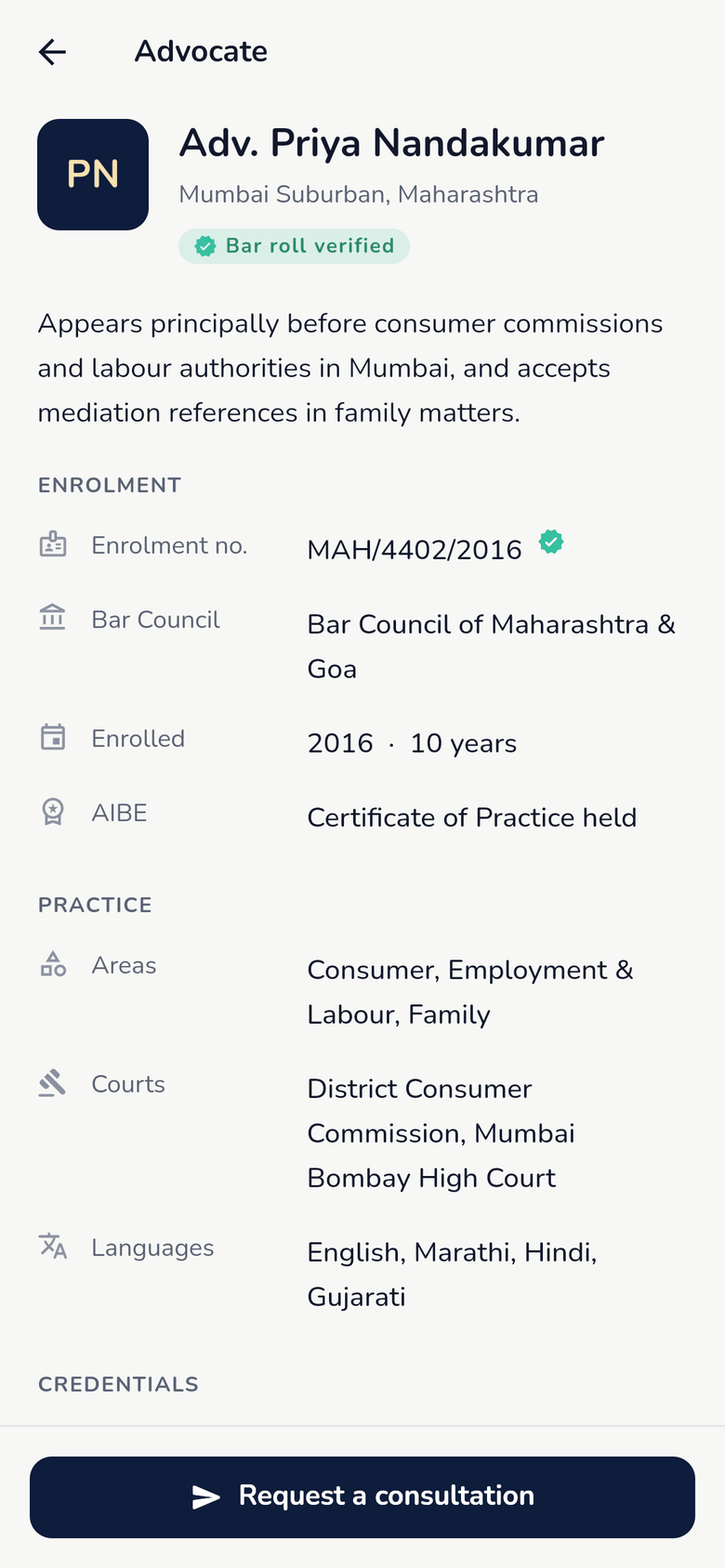 An advocate profile showing a Bar roll verified badge, enrolment number, State Bar Council, year enrolled, AIBE status, practice areas, courts and languages.