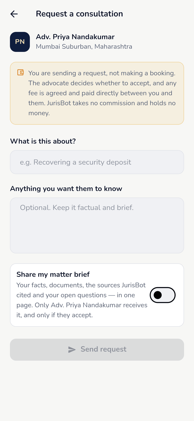 The consultation request screen, where the user writes a subject and detail and can choose to share their prepared matter brief with the advocate.